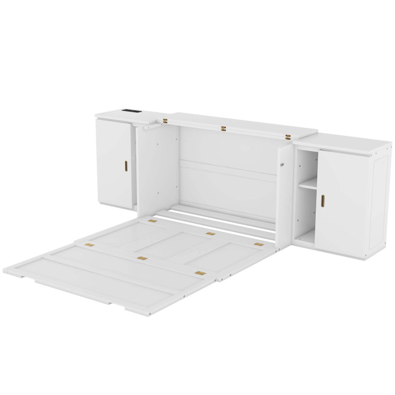 Lit escamotable avec tablettes intégrées, armoires et ports USB, idéal pour économiser de l'espace, Double, Blanc