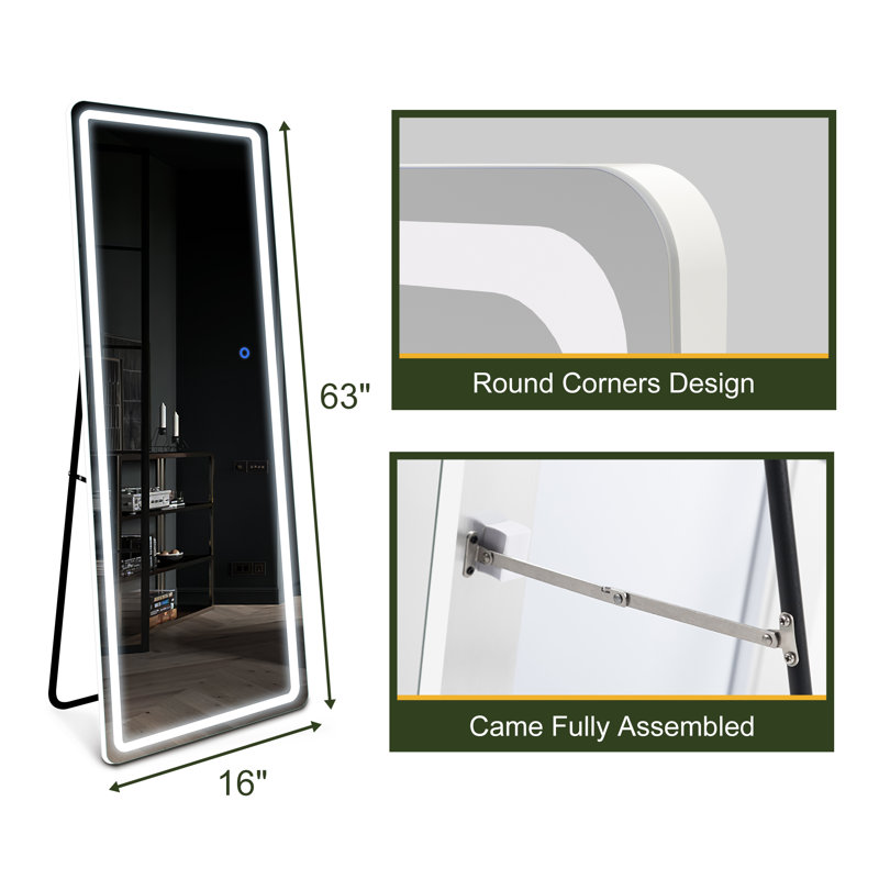Miroir mural à DEL pleine longueur avec support et 3 lumières réglables, 16 po x 63 po, Blanc