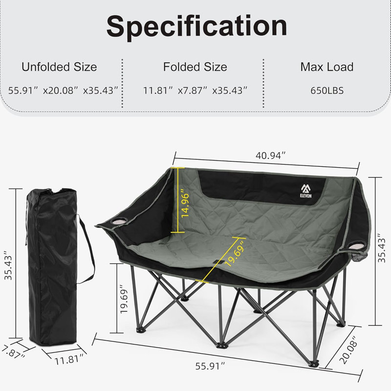 Camping Chair, Oversized Loveseat Double 2 Person Outdoor Chair With Arms, Cup Holder And Carry Bag, Heavy-Duty Collapsible Chair For Outside,Black/White