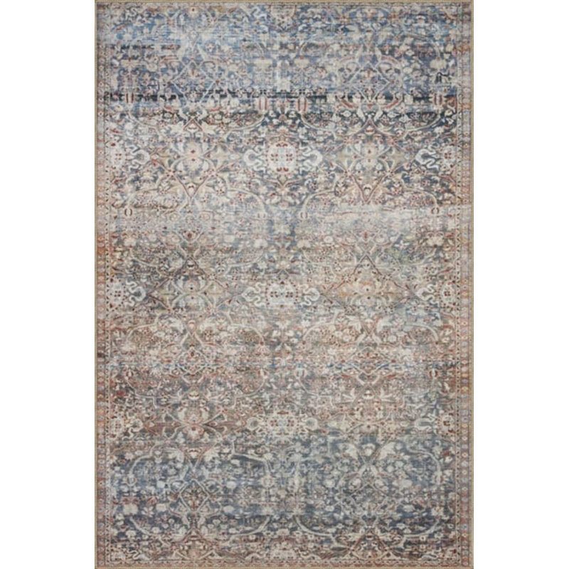 Gray Blue Traditional Geometric Decorative Washable Carpet, Rectangle 5' x 9'11"