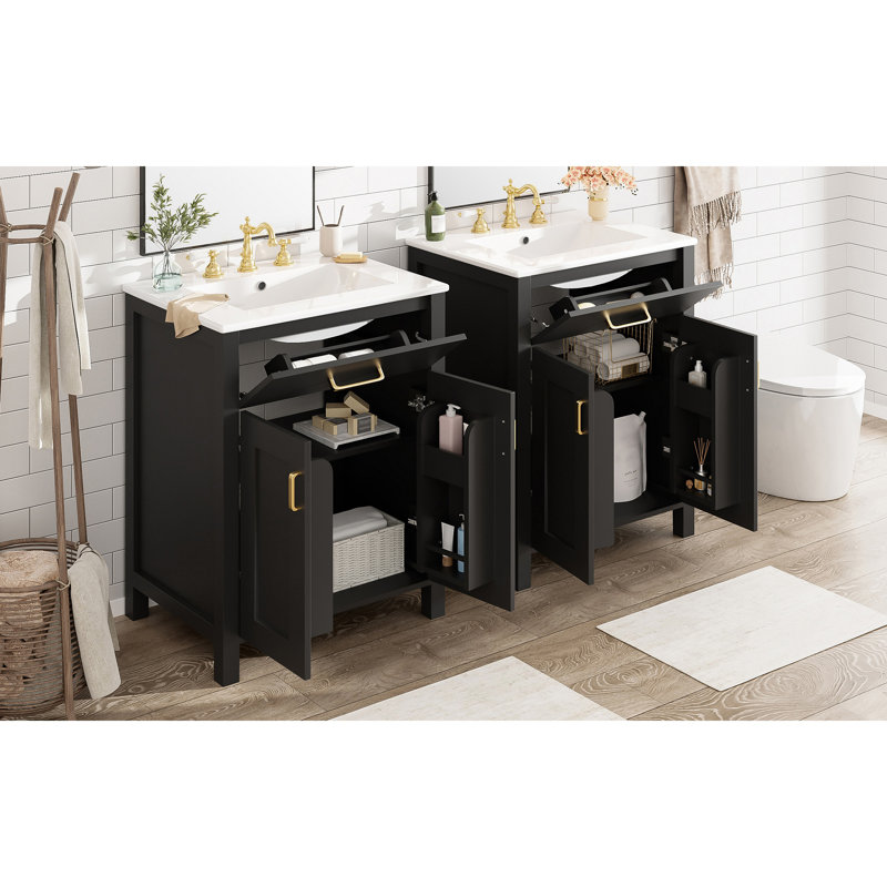 Meuble-lavabo moderne de 48 pouces avec lavabo en céramique, portes à fermeture en douceur, tiroir rabattable, tablettes de porte à double couche, solution de rangement élégante