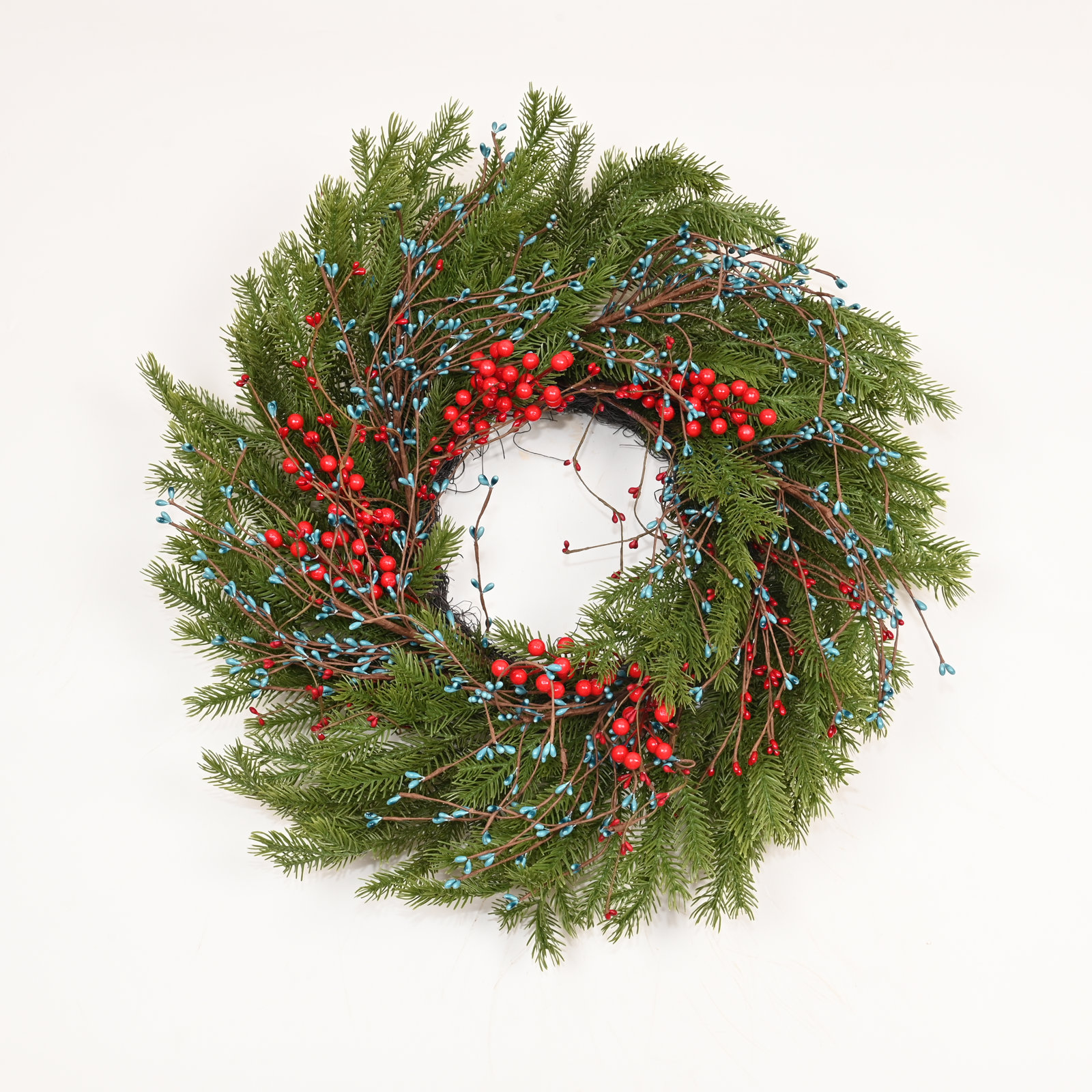 24" Handcrafted Frosted Pine Christmas Wreath, Green/Red/Blue