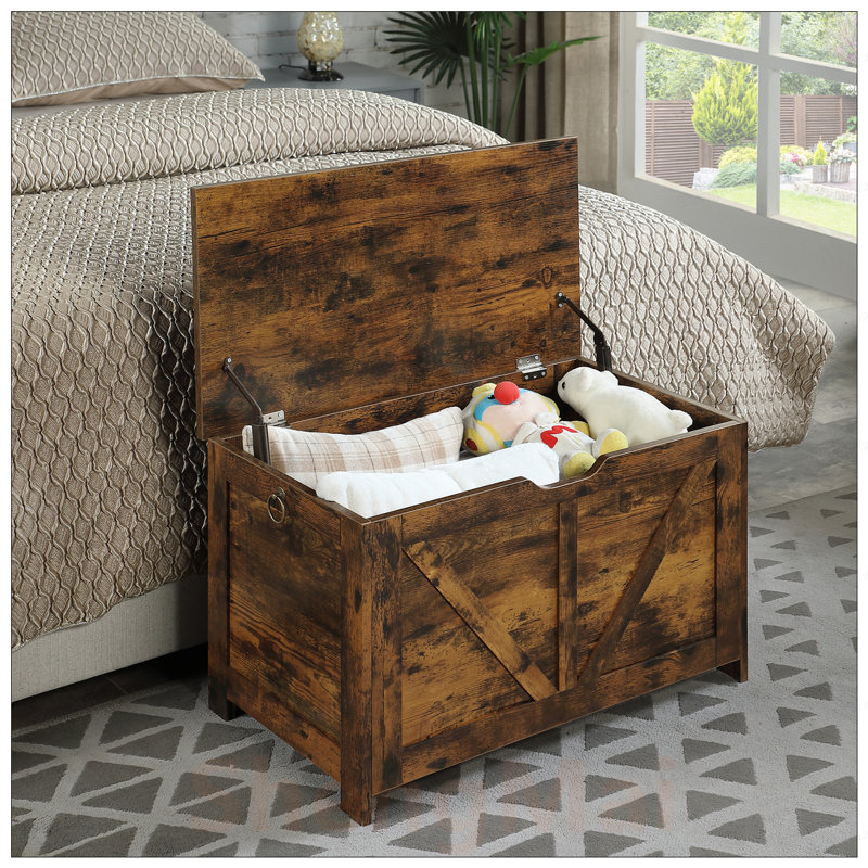 Banc de rangement rustique brun avec intérieur spacieux et poignée en forme de U, organisateur de coffre à jouets polyvalent et solution d'assise pour plusieurs pièces, assemblage facile et fabrication durable