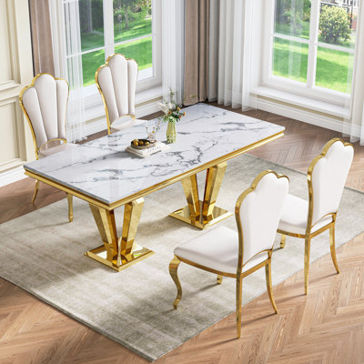 5 Pieces Faux Marble Top Metal Base Dining Table Set Of 4 -  Mercer41, 28AC6A7BC5634847B4C8E723839C9B0E