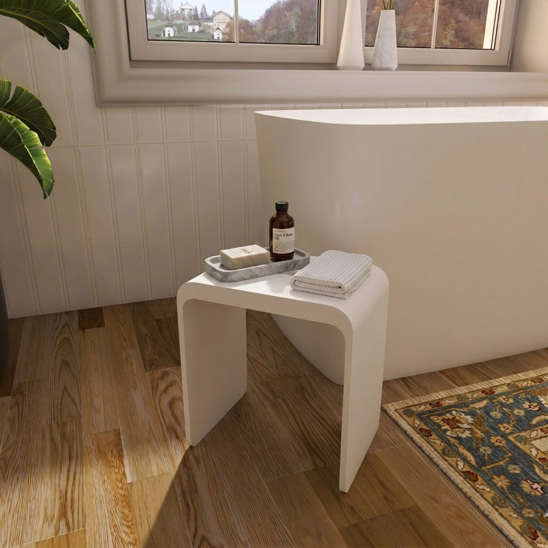 Solid Surface Shower Stool Free-standing Waterproof Vanity Seat In Matte White, White