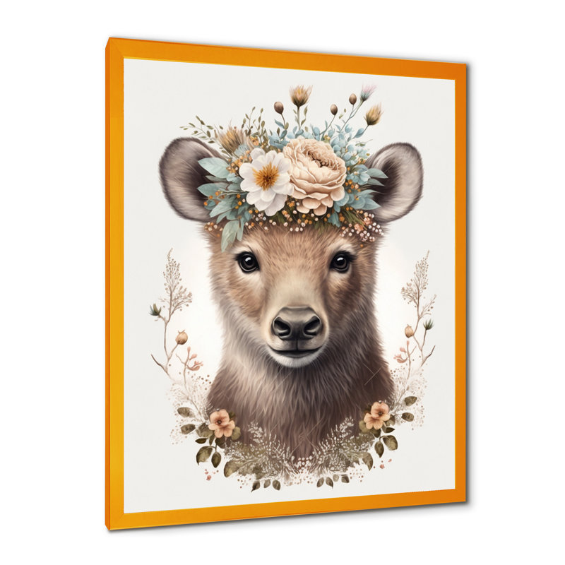 Mignon bébé ours avec couronne florale III - animaux, art mural sur toile, L 12 po x H 20 po, Toile avec cadre photo doré