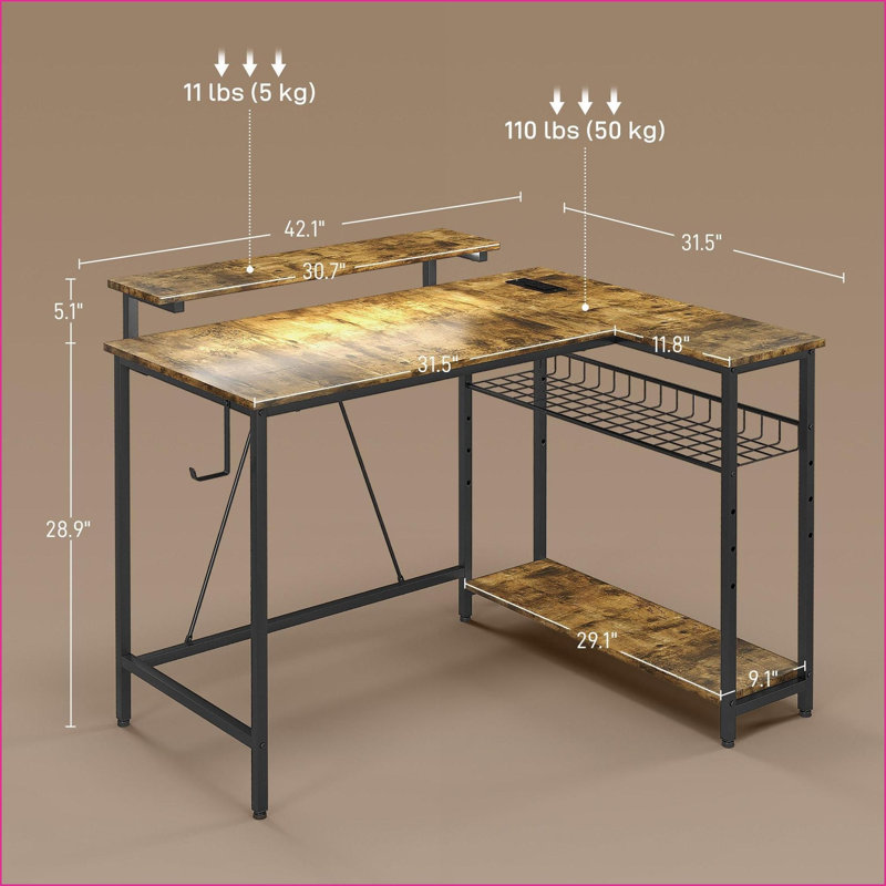 Bureau en coin réversible en L 42 po avec lumières DEL, prises de courant, ports USB, tablettes de rangement et amp; Support pour écran | Brun rustique | Panneau de particules