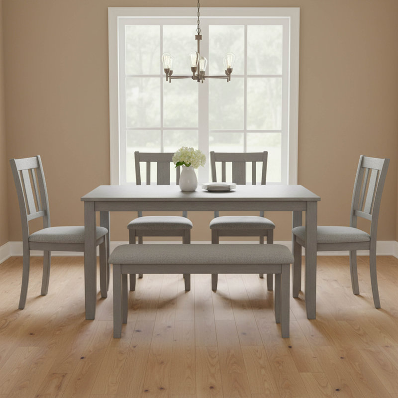 Ensemble de table de salle à manger 6 pièces en bois avec 6 chaises rembourrées et banc, gris