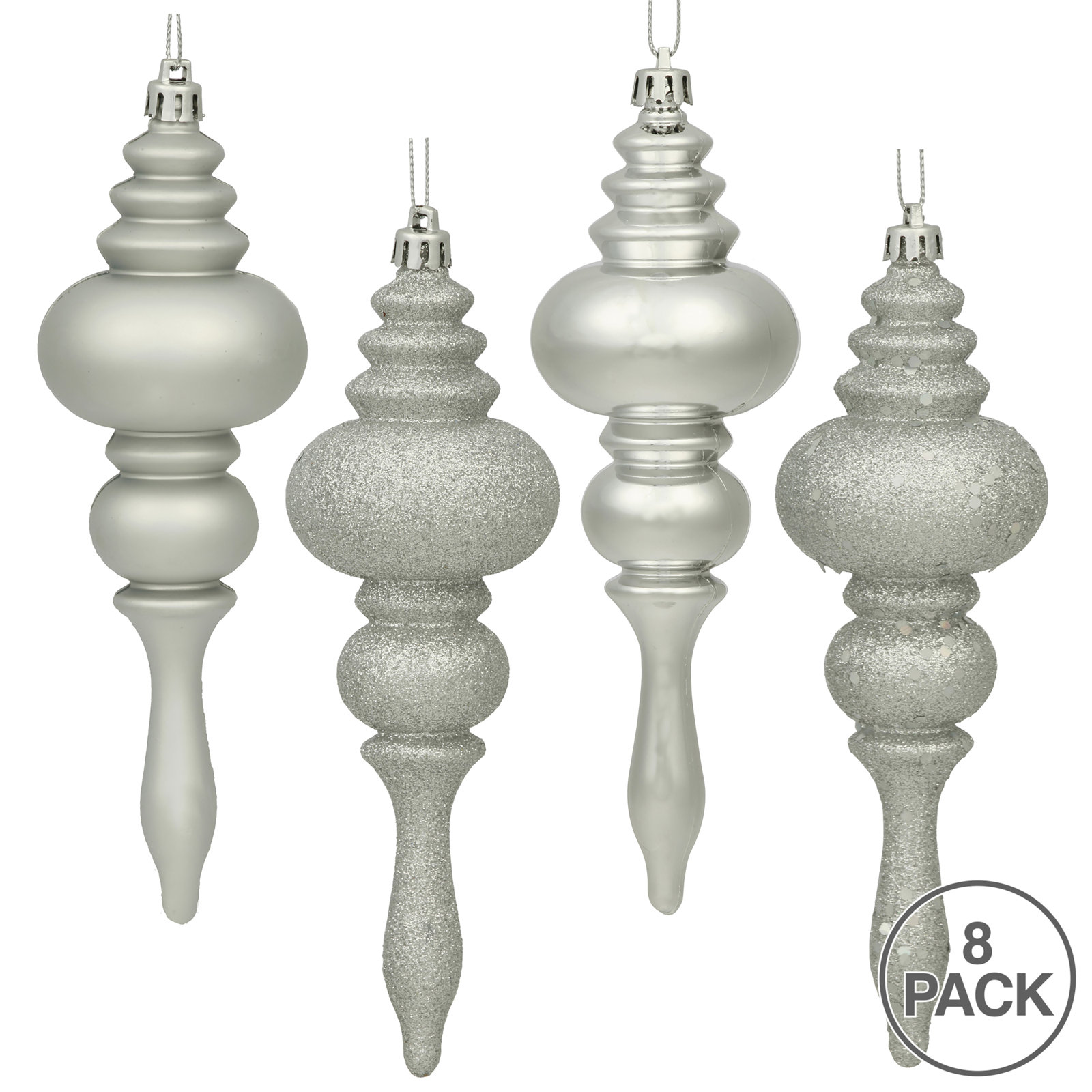 7" Shatterproof Finial Ornament, Silver Splendor