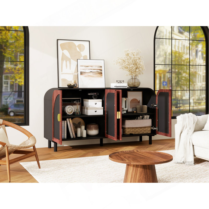 Buffet rétro arqué avec poignée demi-lune dorée, armoire de rangement en panneau de fibres à densité moyenne avec tablettes réglables et pied central en bois massif, armoire à 4 portes pour la salle à manger, le vestibule et le salon