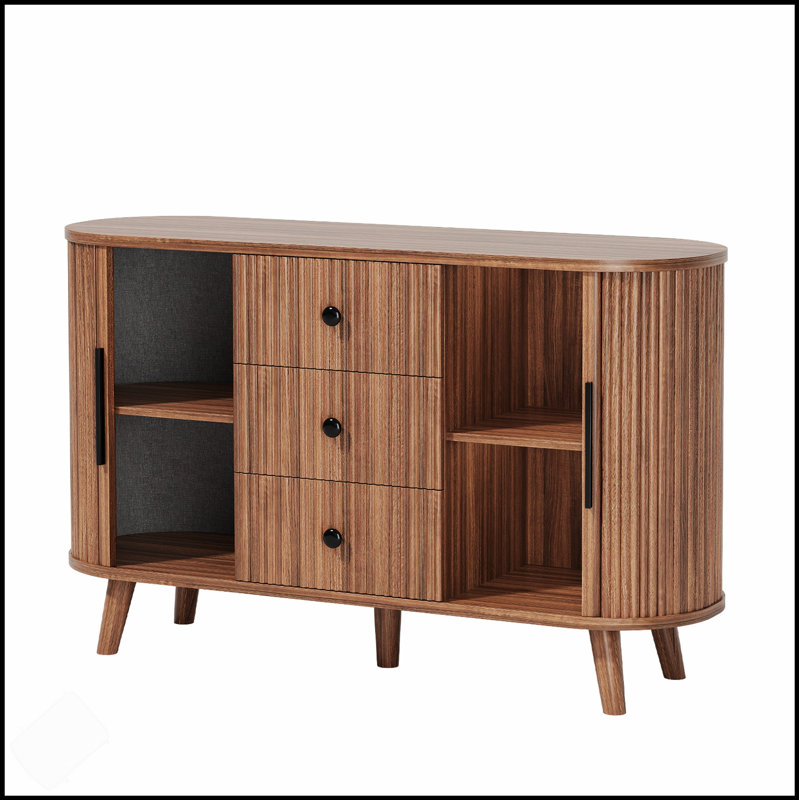 Elegant Sideboard Buffet Cabinet With 2 Sliding Tambour Doors And 3 Drawers, Adjustable Shelves For Modern Living Room Storage