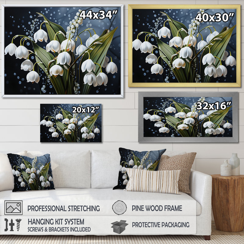 " White Graceful Snowdrops Flowers I ", 16" H x 32" W x 1" D, Black Picture Framed