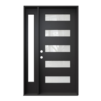 Porte extérieure en fibre de verre 36 po x 80 po, peinte en noir, 5 carreaux en verre dépoli, imposte fixe simple en fibre de verre noir, 1 carreau en verre clair avec chambranle, ouverture vers l'intérieur à droite (quincaillerie non incluse)