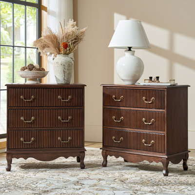 Satine Transitional 28"W 3-Drawer Solid Wood Fluted Chest with Built-In Power Outlet Simple Assembly Set of 2