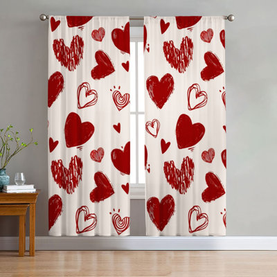 2Pcs Red Heart Print Curtains, Romantic Doodle Pattern Privacy Protecting Window Drapes for Living Room Bedroom Kitchen, Rod Pocket Decor, Aesthetic Home Decoration Valentine's Day Gift
