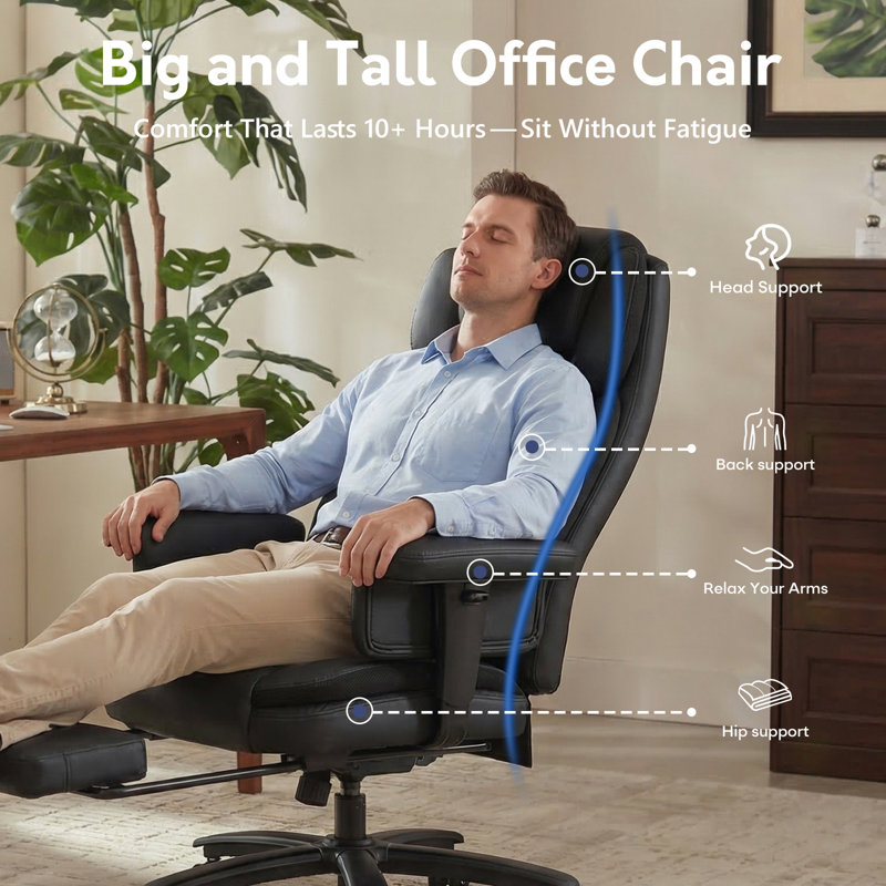 Executive Office Chair Big and Tall 500LBS, 165° Reclining Heavy Duty Office Chair with Footrest & Quiet Rubber Wheels, Black