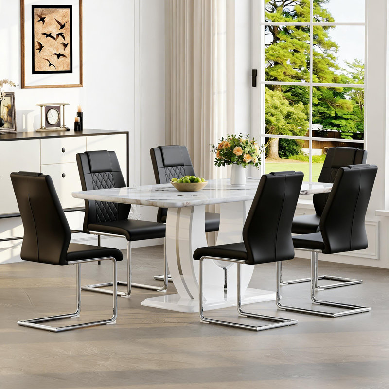 63" Dining Room Table Set,Modern Dining Room Table Set with Faux Leather Chairs, 7 Pieces: Table, 6 Chairs, Black