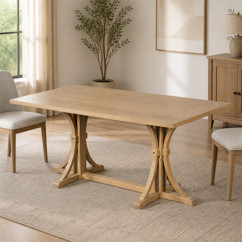 Table de salle à manger Farmhouse, base en tréteaux en bois d'hévéa, pieds courbés