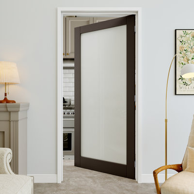 Porte pré-suspendue en verre givré noir 30 po x 80 po 1-Lite avec charnières noires, dalle de porte d'intimité en verre, insonorisant et imperméable, combinaison pour la lessive, portes de placard, portes de pièce, droite