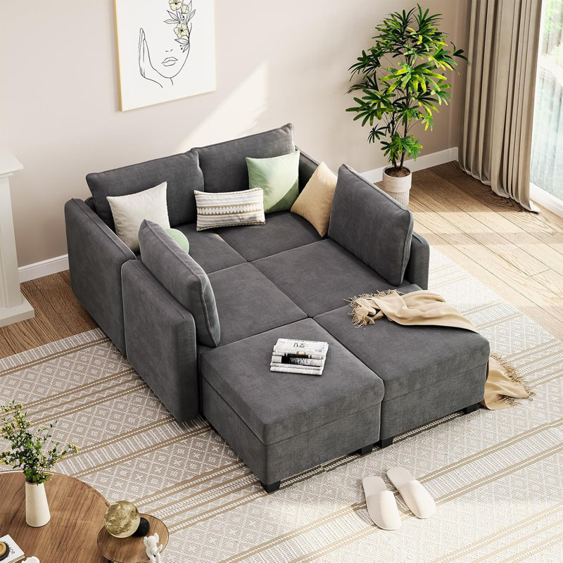 U-Shaped Modular Sectional with Storage & Ottomans, Grey