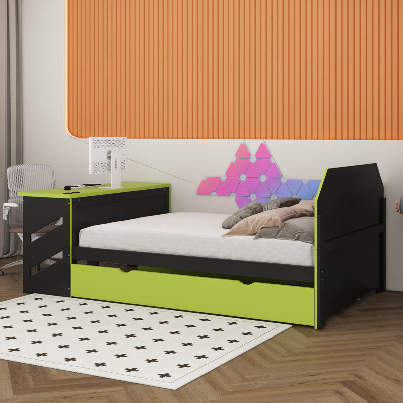 Lit plateforme double avec bureau et lit gigogne simple, structure de lit de jour en bois avec port USB, Vert