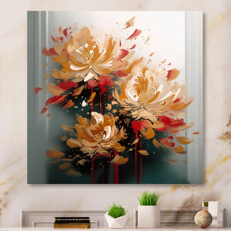 Décoration murale fleur d'or rouge I - Floral, H 16 po x l 16 po x P 1 po