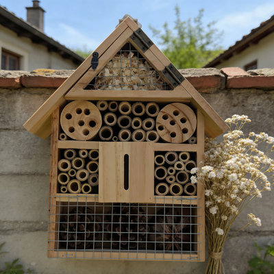 Natural Wood Insect Hotel For Bees, Butterflies & Ladybugs | Weatherproof Hanging Habitat For Beneficial Garden Insects