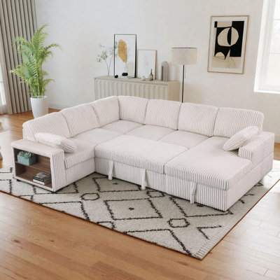 U-Shaped Upholstered Sectional Sofa Bed with Pull-Out Bed, Storage Chaise Lounge & Open-Storage Armrest