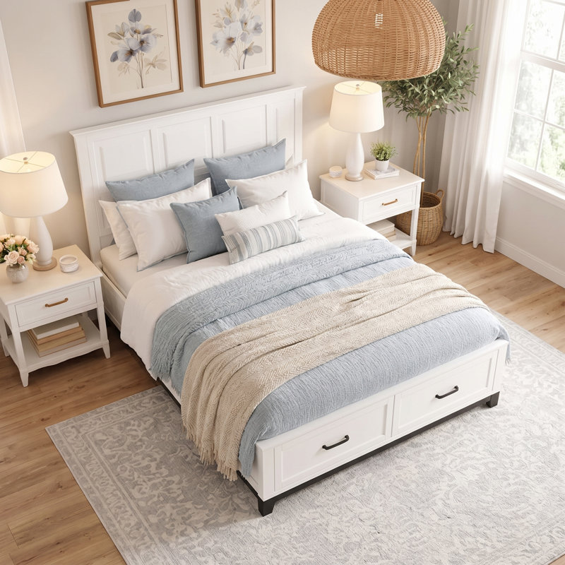 Lit plateforme blanc avec tiroirs et lattes, Grand lit