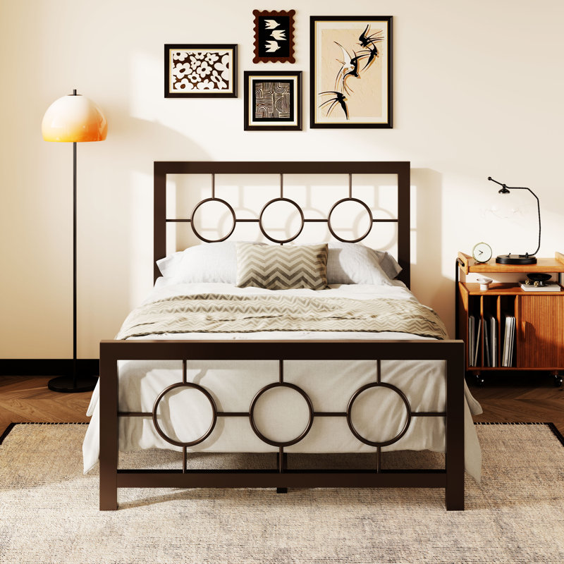 Lit plateforme vintage en métal Avren avec tête et pied de lit, design géométrique, sommier non requis, Lit simple, Brun