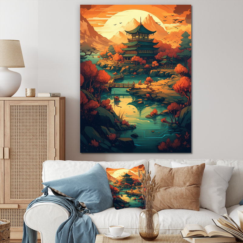 Coucher de soleil intense sur les montagnes d'Asie I - reproduction, H 32 po x l 24 po x P 1 po, Toile tendue