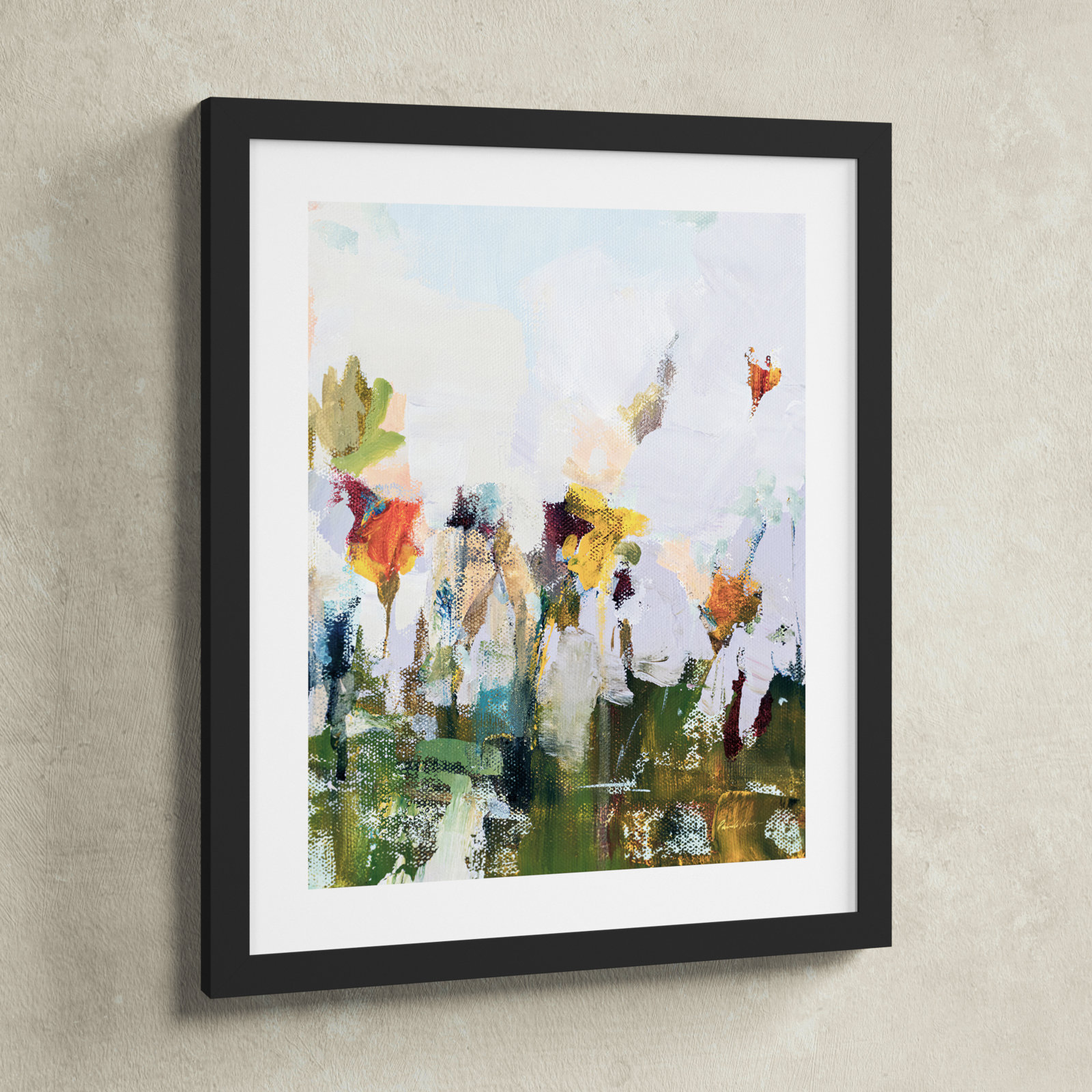 Spontaneous Summer Flowers Painting, 18.25" H x 15.38" W x 0.88" D, Black