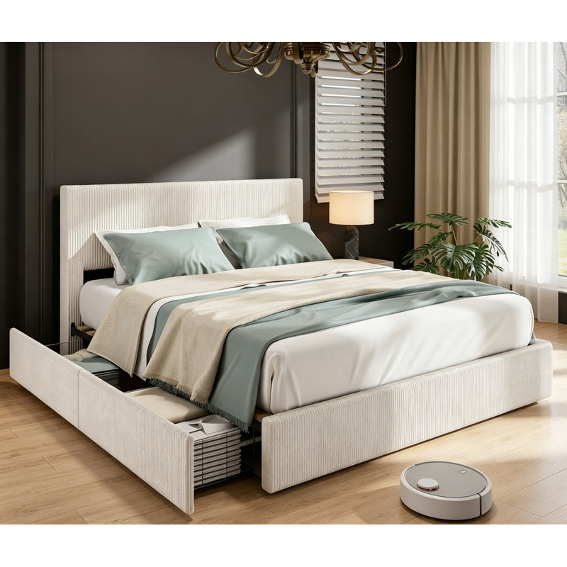 Bed Frame, Full/Queen/King Platform Bed w/ 4 Storage Drawers, Upholstered Corduroy Channel Tufted Headboard Bed Frame w/ Strong Wooden Slat Support