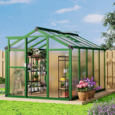 180x240Cm Greenhouse, Heavy-Duty Aluminum & Polycarbonate Sun Room, Easy Assembly Large Aluminum Walk-In Greenhouse with Commercial-Grade Sliding Doors for Year-Round Growing (Green Frame)