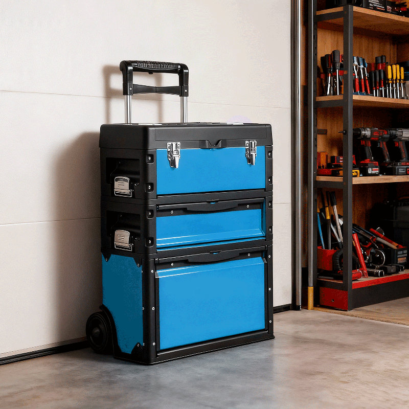 Boîte à outils 3-en-1 empilable avec roulettes, Bleu