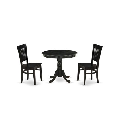 3 Piece Kitchen Table Set for Small Spaces Contains a Round Dining Room Table with Pedestal and 2 Dining Chairs, 36x36 Inch, Black