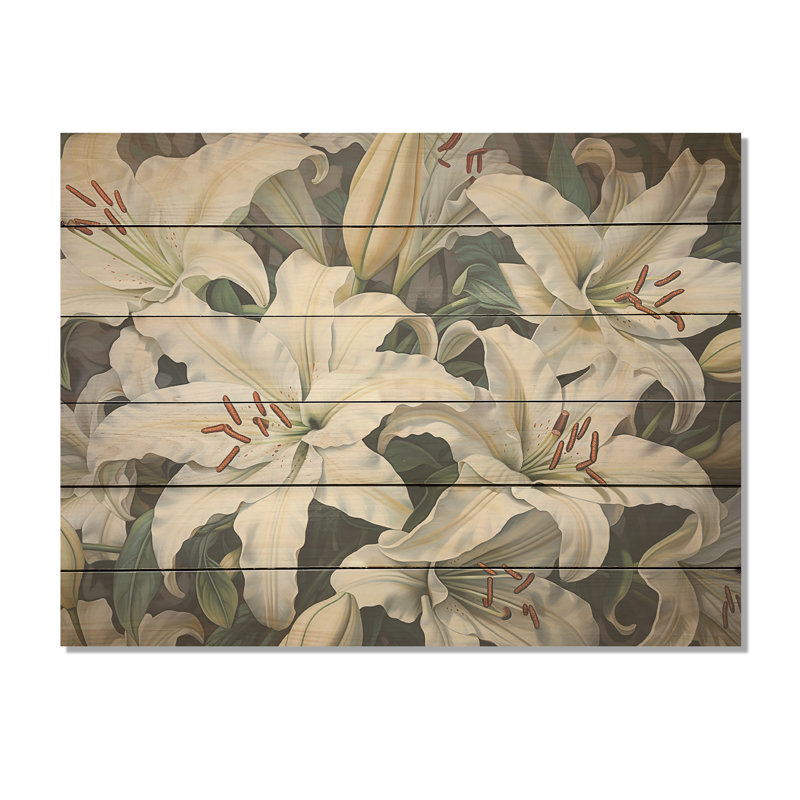 White Lilies In Bloom Beauty I - Lilies Wood Wall Art On Natural Pine Wood, 30" H x 40" W