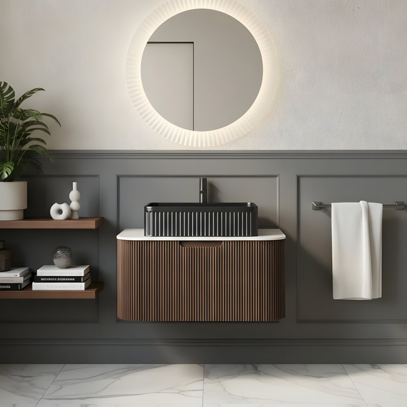 Meuble-lavabo flottant mural 30 po avec lavabo rectangulaire en céramique noir et tiroir, 30"