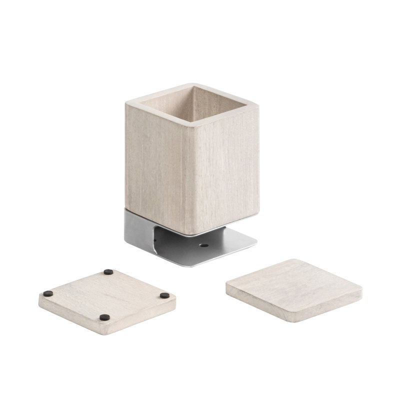 Solid Wood Pen Holder with 2 Coasters, White Wash/Nickle