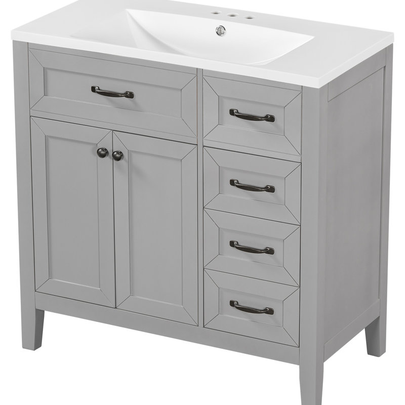 Meuble-lavabo 36 po, meubles autoportants gris, lavabo en céramique lisse, tiroirs de rangement, forme rectangulaire de style