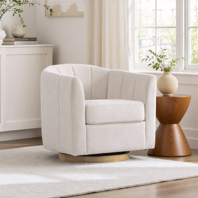 31" W Upholstered Swivel Accent Chair With Channel Tufted Back, Storage And Wooden Base