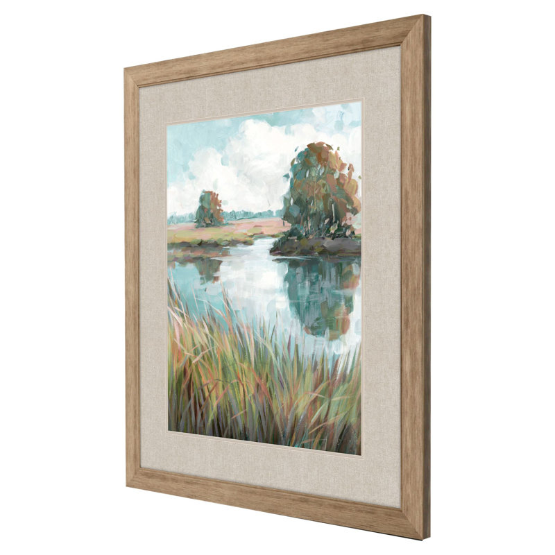 «Riverside View Watercolor Waterscape», art mural encadré