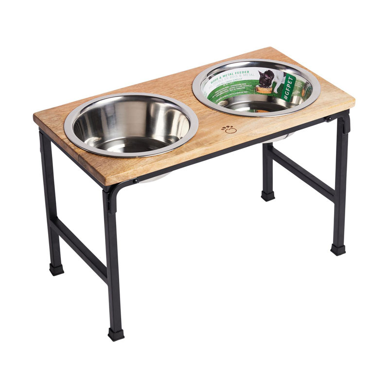 Tall Mango Wood and Metal Elevated Pet Feeder with Stainless Steel Bowls