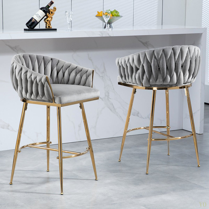26'' Counter Height Bar Stools Set Of 2,Velvet Kitchen Island Counter Bar Stool With Hand- Wave Back, Chromed Base And Foot Rest