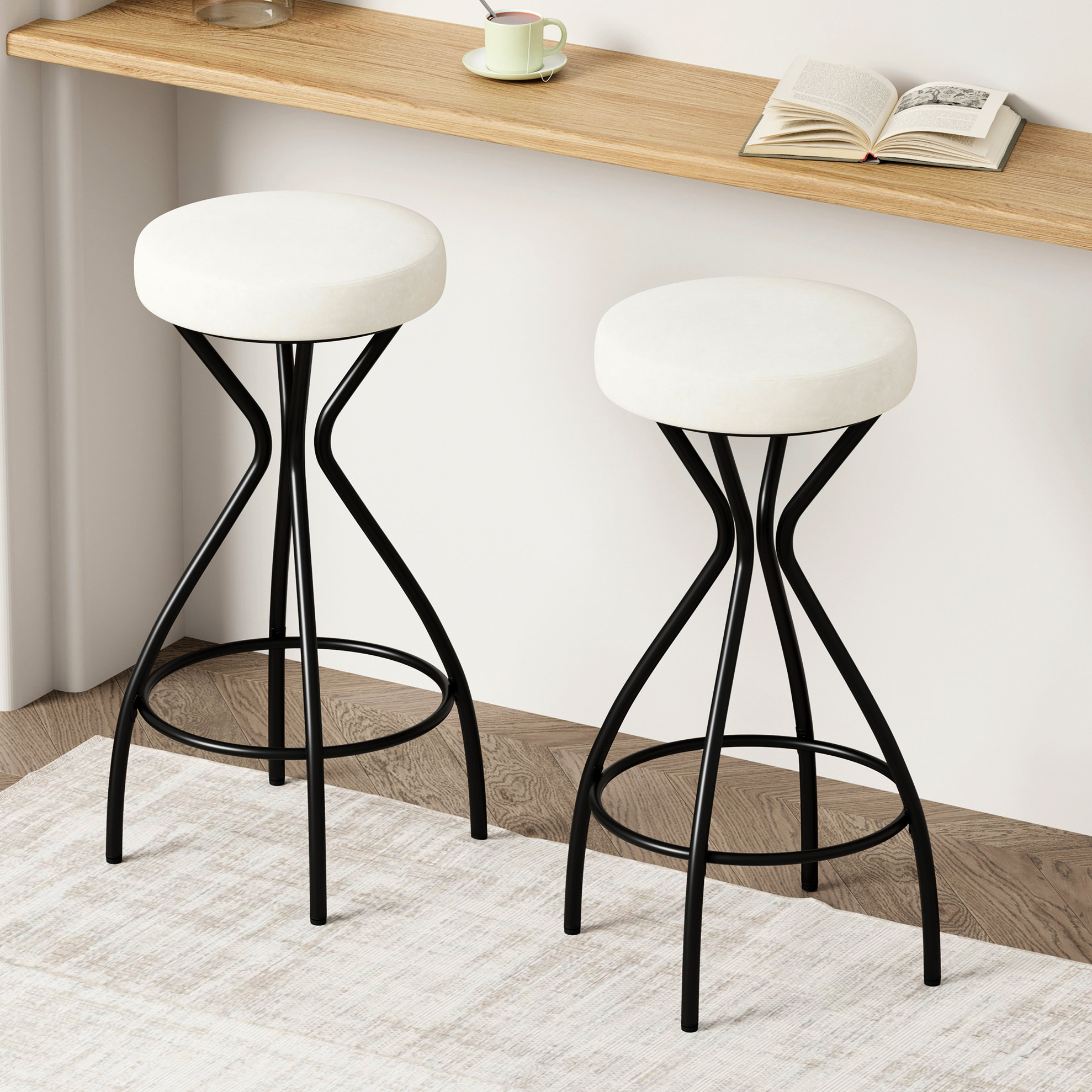 Party Table Stool Ivy Bronx Of 2 Modern Round Bar Stools With Creamy White Velvet Seats ...