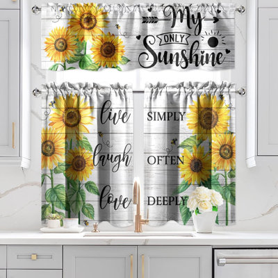 Rideaux et cantonnières de cuisine à motif tournesol - Ensemble de 3 pièces en bois rustique, style ferme, avec rideaux courts et cantonnières fleuris pour une décoration intérieure inspirée des tournesols