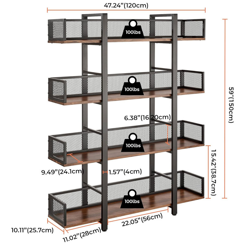 Sturdis Black Metal Frame Industrial Bookshelf with Walnut Wood Shelves