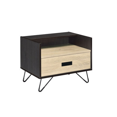 Table de chevet noire et chêne avec espace ouvert à 1 tiroir, pieds en métal, compartiment de rangement tendance pour l'organisation du salon de votre chambre à coucher, chêne, ajout de charisme à