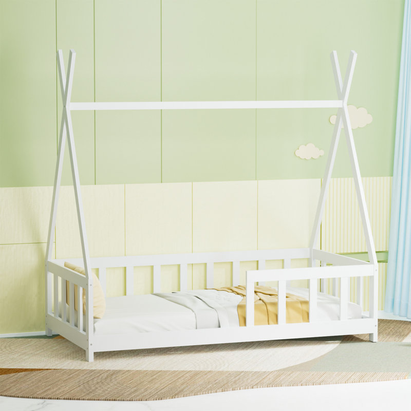 Floor Bed Frame For , Wooden Montessori Floor Bed,House Bed For  Girls Boys, Tent Beds, White With Guardrail