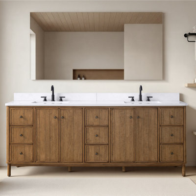 Lugano 84" Double Sink Freestanding Bathroom Vanity with Engineered Stone Top, Hidden Power Station, USB Charging Shelf & Hair Dryer Holder 